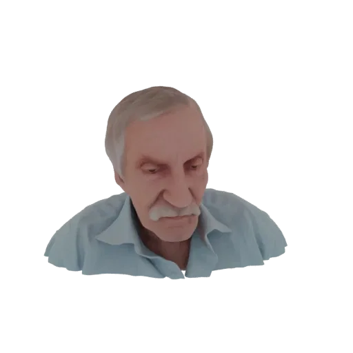 3D model render of an elderly man's bust, looking down with a thoughtful expression, wearing a light blue shirt.