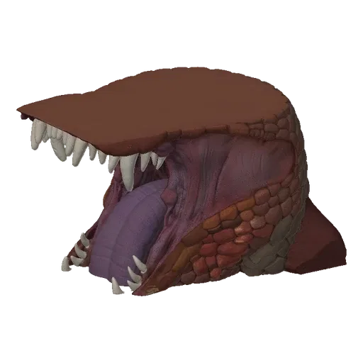 3D model of a monstrous, gaping maw with sharp teeth and a dark, fleshy interior, set against a black background.