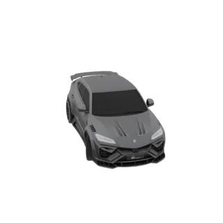 3D model of a grey SUV with an aggressive widebody kit, custom wheels, and a rear spoiler, viewed from a high angle.