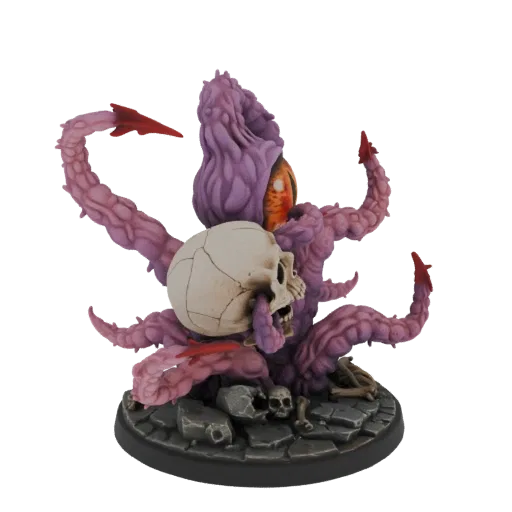 Modèle 3D d'un monstre tentaculaire violet avec un œil unique lumineux et un crâne, sur une base de décombres.