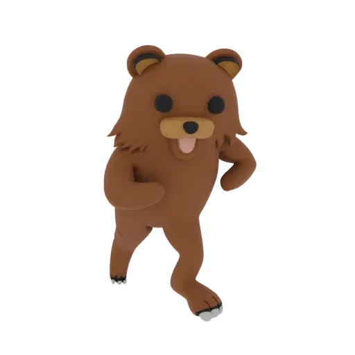 3D model of a cute, stylized brown bear running with its mouth open and tongue out, against a white background.