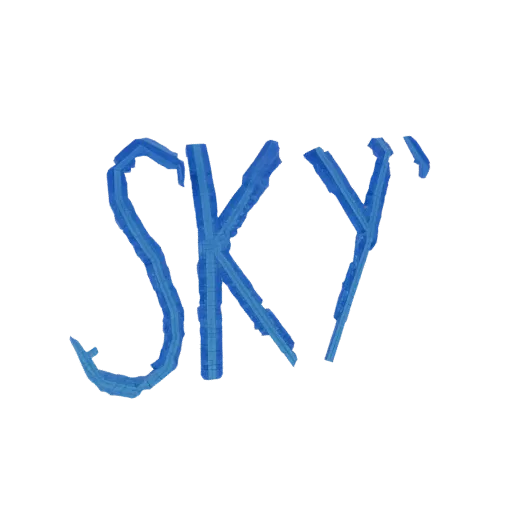 3D model of the word "SKY" with a blue, textured finish, displayed against a white background.
