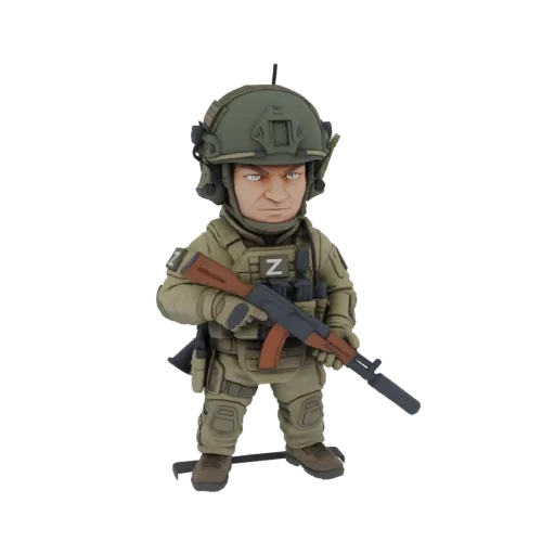 3D model of a chibi soldier with an AK-47 rifle and a 'Z' insignia on its uniform, presented against a black background.