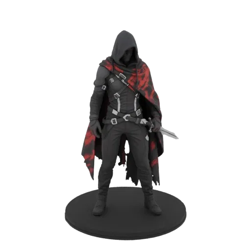 3D model of a dark hooded rogue figure with a tattered red cloak and a dagger, standing on a black circular base.