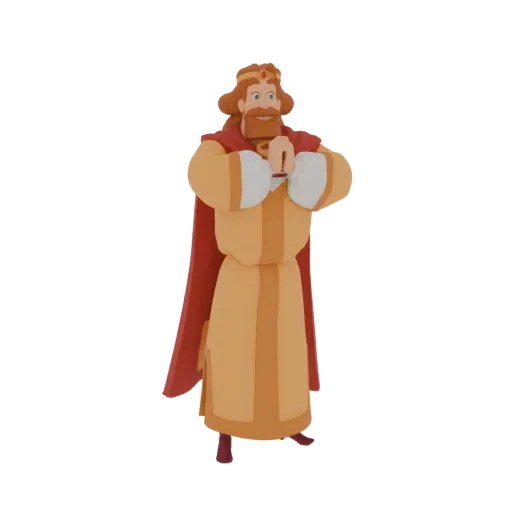 3D model of a stylized king with a crown, red cape, and a friendly smile, presented against a black background.