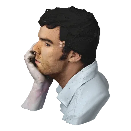 3D model of a man with dark hair, wearing a light blue collared shirt, resting his head on his hand with a bored expression.