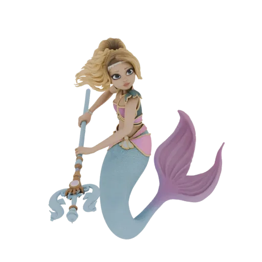 Modello 3D di una sirena bionda con coda blu che tiene un tridente dorato, renderizzato su sfondo bianco.
