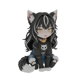 3D model of a chibi cat girl with black and white hair, yellow eyes, wearing a skull hoodie and ripped jeans, sitting down.