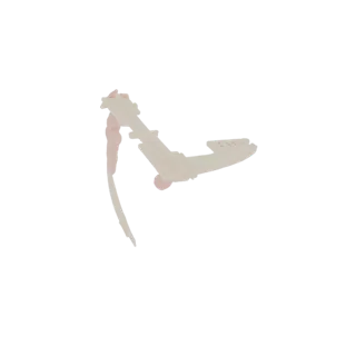 3D model of a futuristic aircraft with a sleek white body and distinctive pink accents on its wings and tail.