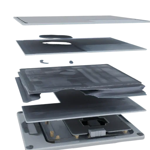 Zerlegtes 3D-Modell einer LCD-Display-Einheit, das getrennte Schichten wie Glas, LCD-Zelle, Folien, Lichtleiterplatte und Cha
