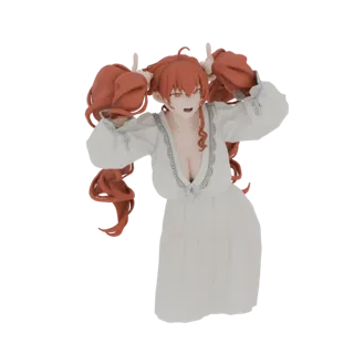 3D model of an anime girl with red pigtails and a white dress, striking a playful pose with hands near her head.