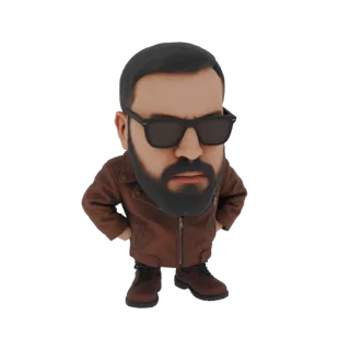 Modelo 3D de um homem chibi com cabeça grande, vestindo uma jaqueta de couro marrom e óculos de sol escuros, com as mãos nos