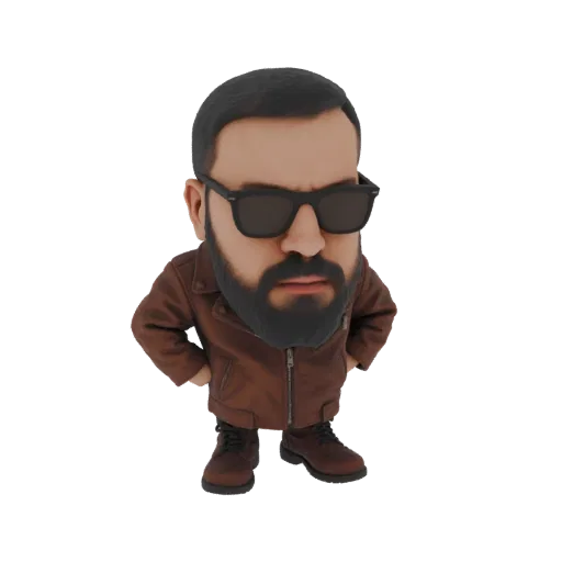 3D model of a chibi man with a large head, wearing a brown leather jacket and dark sunglasses, with hands on hips.