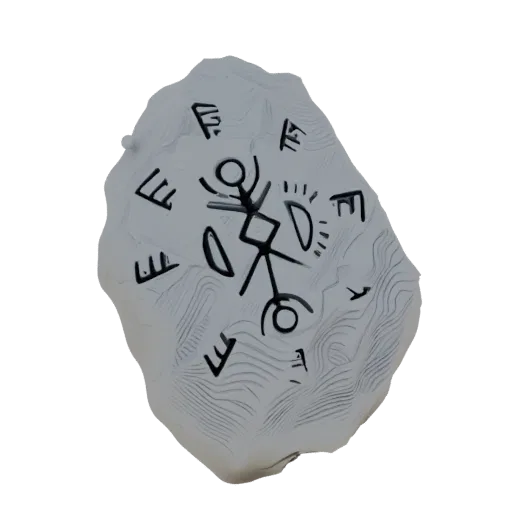 3D model of a weathered, irregularly shaped stone tablet with ancient runes and a central symbol, set against a black backgro