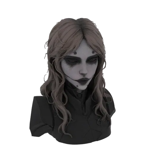 3D render of a gothic cyberpunk woman's bust with dark makeup, wavy hair, and subtle cybernetic implants.
