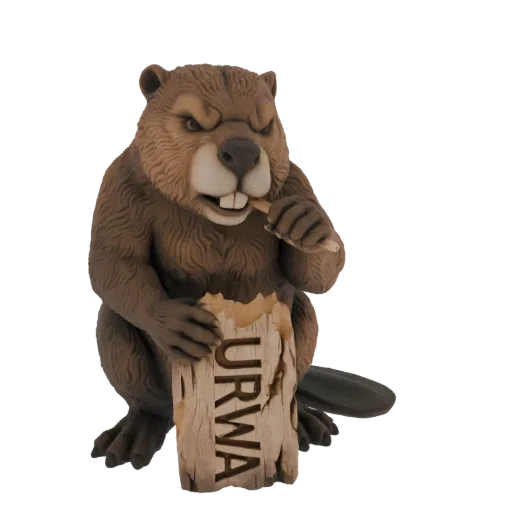 3D model of an angry beaver with brown fur, gnawing on a wooden log with 'URWA' carved into it, against a white background.