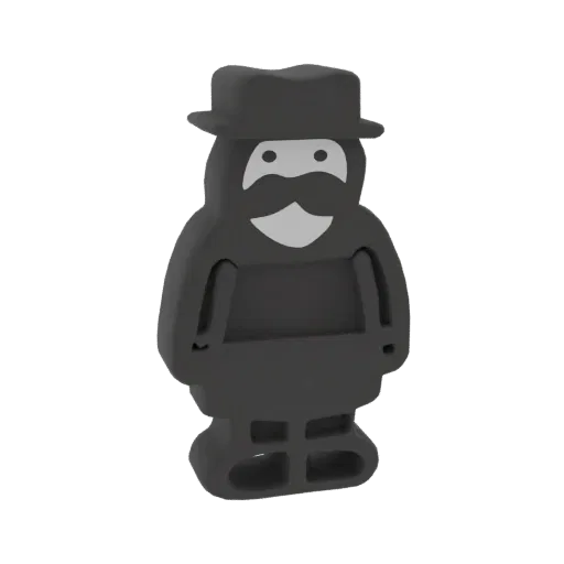 3D model of a dapper gentleman character with a hat and mustache, presented against a black background.