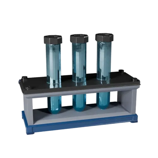 Biology Test Tube Rack Low Poly 3D model, game viewport three-quarter view, showing glass, recognizable lab forms.