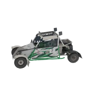 Modelo 3D de buggy todoterreno blanco y verde con jaula y dorsal 7, visto de perfil sobre fondo blanco.