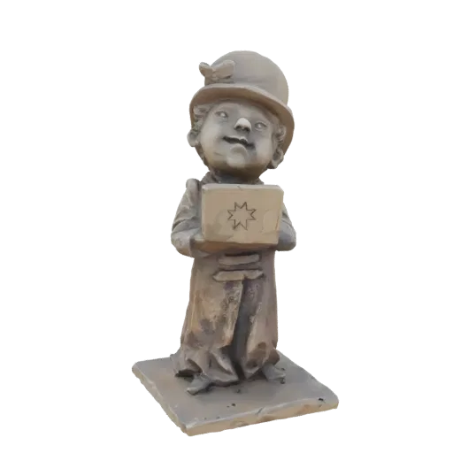3D model render of a Victorian boy in a hat holding a gift box with a star design, standing on a base.