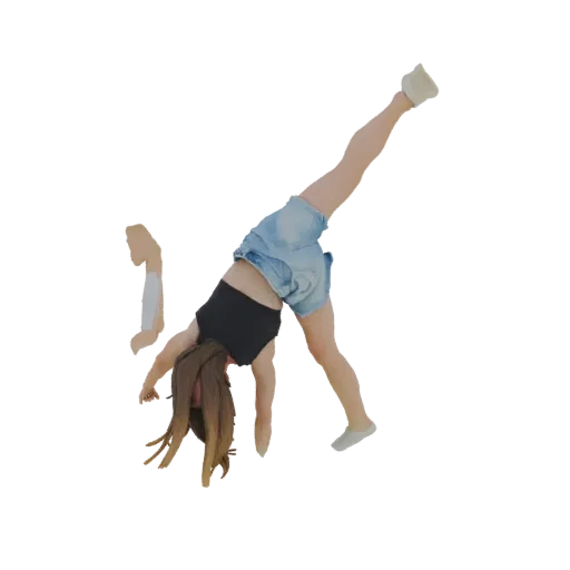 3D model of a young woman performing a cartwheel, wearing a black tank top and denim shorts, with legs extended upwards.