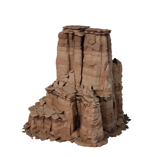 Canyon Pillar Set Realistic 3D model, three-quarter environment render, showing stratified stone, dune ridges.