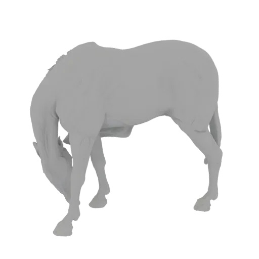 A 3D model of a horse with its head lowered to the ground, in a natural grazing pose, against a white background.
