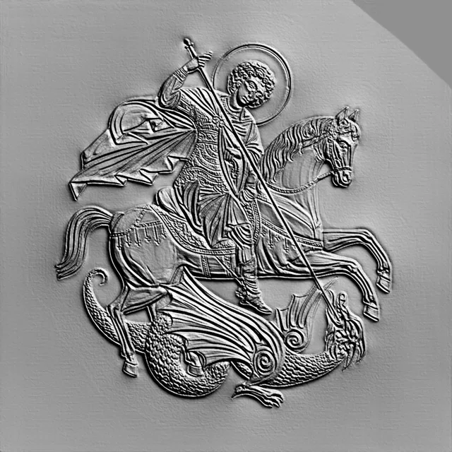 3D model bas-relief of Saint George the Victorious on horseback, slaying the dragon