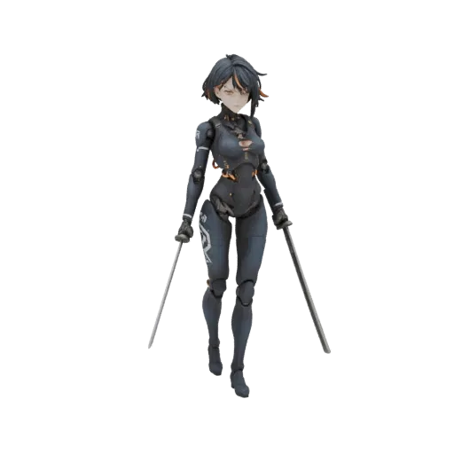 3D model of a female cyberpunk assassin with short dark hair, wearing a dark tactical suit, holding two katanas in a ready st