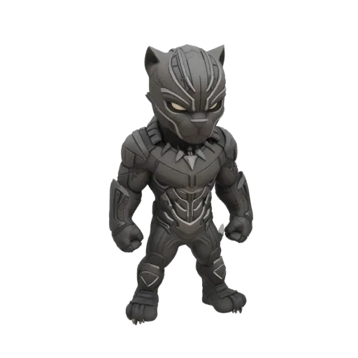 A 3D render of a chibi-style Black Panther figure, standing with fists clenched, wearing his iconic black suit.
