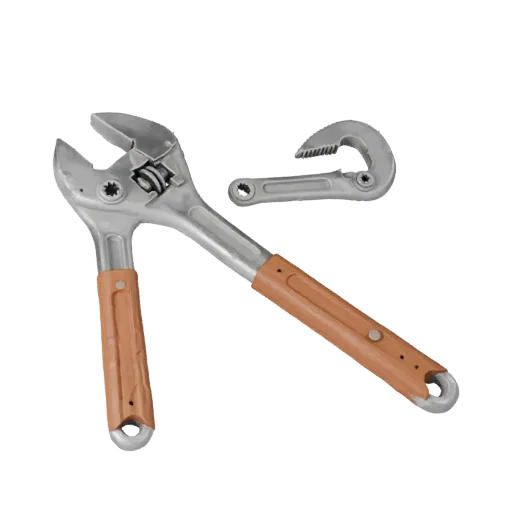 Worn Wrench 3D model, three-quarter front view, Unity viewport, showing painted metal, functional silhouettes.