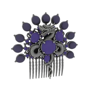Modello 3D di un ornato pettine d'argento con un drago dettagliato avvolto attorno a gemme viola, su sfondo bianco.