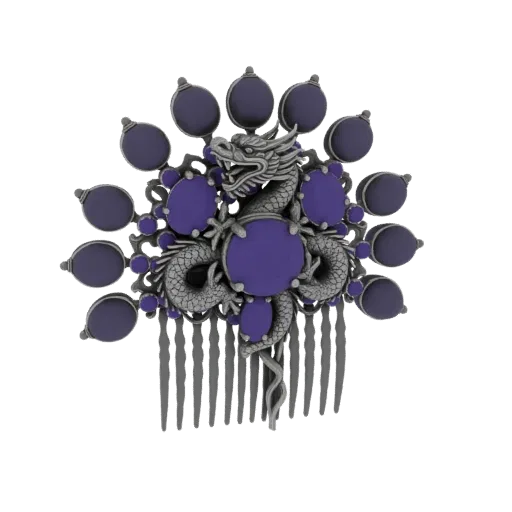 Modelo 3D de um ornamentado pente prateado com um dragão detalhado enrolado em pedras roxas, contra um fundo branco.