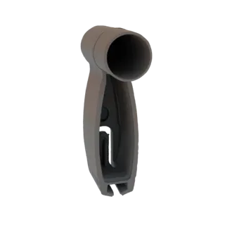 3D render of a gray plastic clip holder with a cylindrical opening and a clip mechanism at the base, isolated on a white back