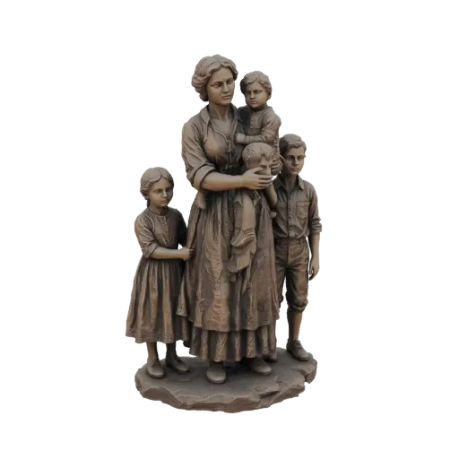 Modello 3D di una statua in bronzo che mostra una madre che tiene un bambino e circondata da altri tre, trasmettendo un senso