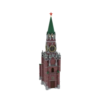 Modelo 3D da Torre Spasskaya, uma torre de tijolos vermelhos com uma torre verde encimada por uma estrela vermelha, apresenta