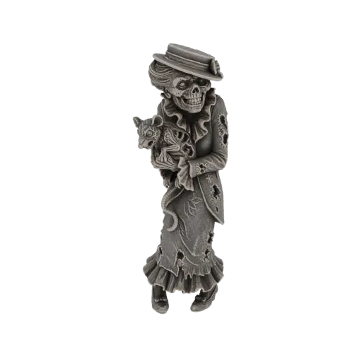 3D model of a gothic zombie woman in a tattered Victorian dress, holding a skeletal cat, against a white background.