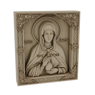 3D-Modell-Render einer orthodoxen Ikone der Gottesmutter mit Krug und kunstvollem Rahmen.