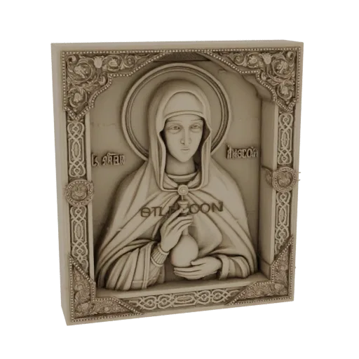 3D model render of an Orthodox icon of the Mother of God holding a jar, with ornate framing.