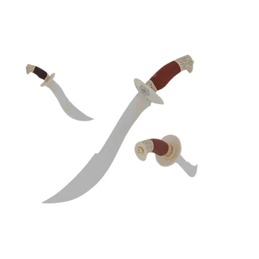 Un rendering 3D di tre spade curve ornate con impugnature dettagliate, esposte su uno sfondo bianco.