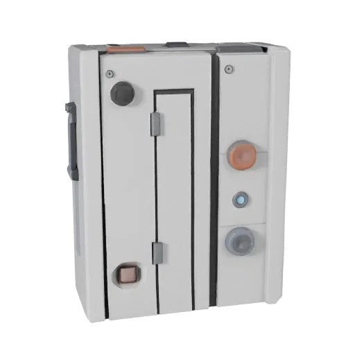 Modern Switch Box Low Poly 3D model, game viewport three-quarter view, showing metal hinges, form detail.