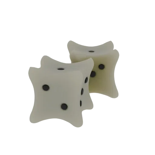 A 3D render of two rounded dice with black pips against a black background.