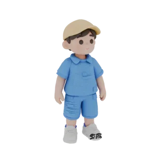 Modello 3D bambino in abito blu e berretto giallo, in piedi, sorridente