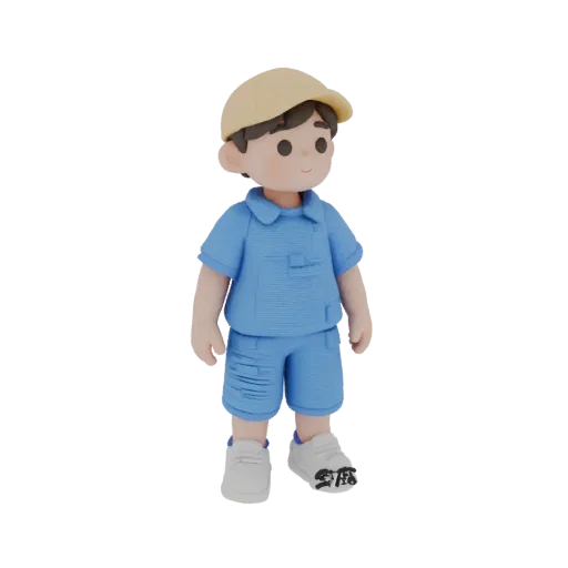 Modèle 3D d'un garçon en costume bleu et casquette jaune, debout, souriant