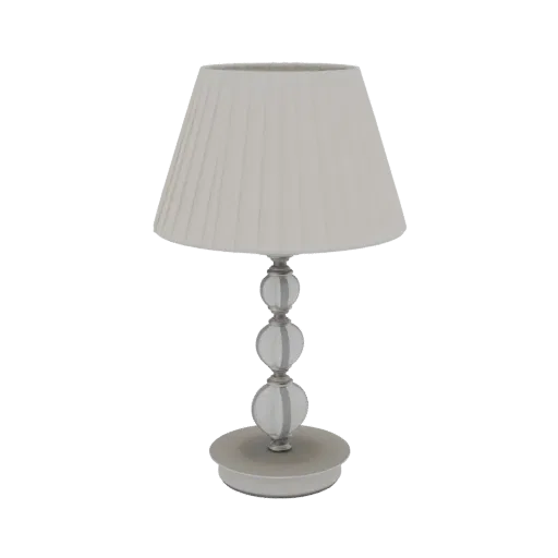 3D model of an elegant table lamp with a pleated white shade and a base featuring clear orb-like accents.