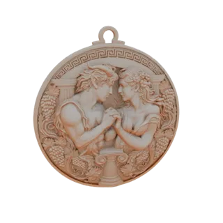 Modèle 3D d'un pendentif circulaire avec une sculpture en relief des figures mythologiques Pan et Psyché s'embrassant, entour