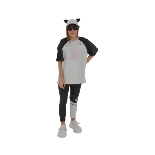 3D model of a girl wearing a panda hat, baseball jersey, and leggings, standing confidently.