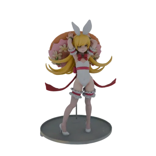 3D model of a bunny girl character with blonde hair, wearing a white outfit with red accents, holding a pink flower-decorated