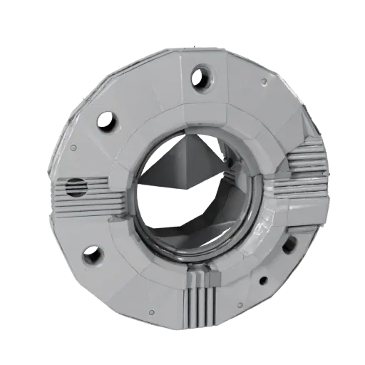 Modular Pipe Flange Low Poly 3D model, game viewport three-quarter view, showing machined metal, precise part geometry.