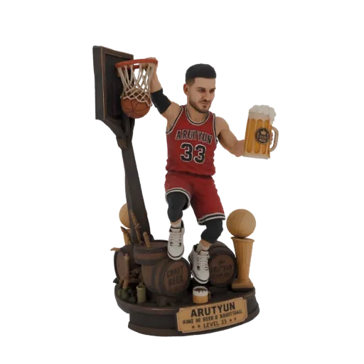 3D model of a basketball player in a red jersey dunking a basketball and holding a beer mug, with a base featuring barrels an